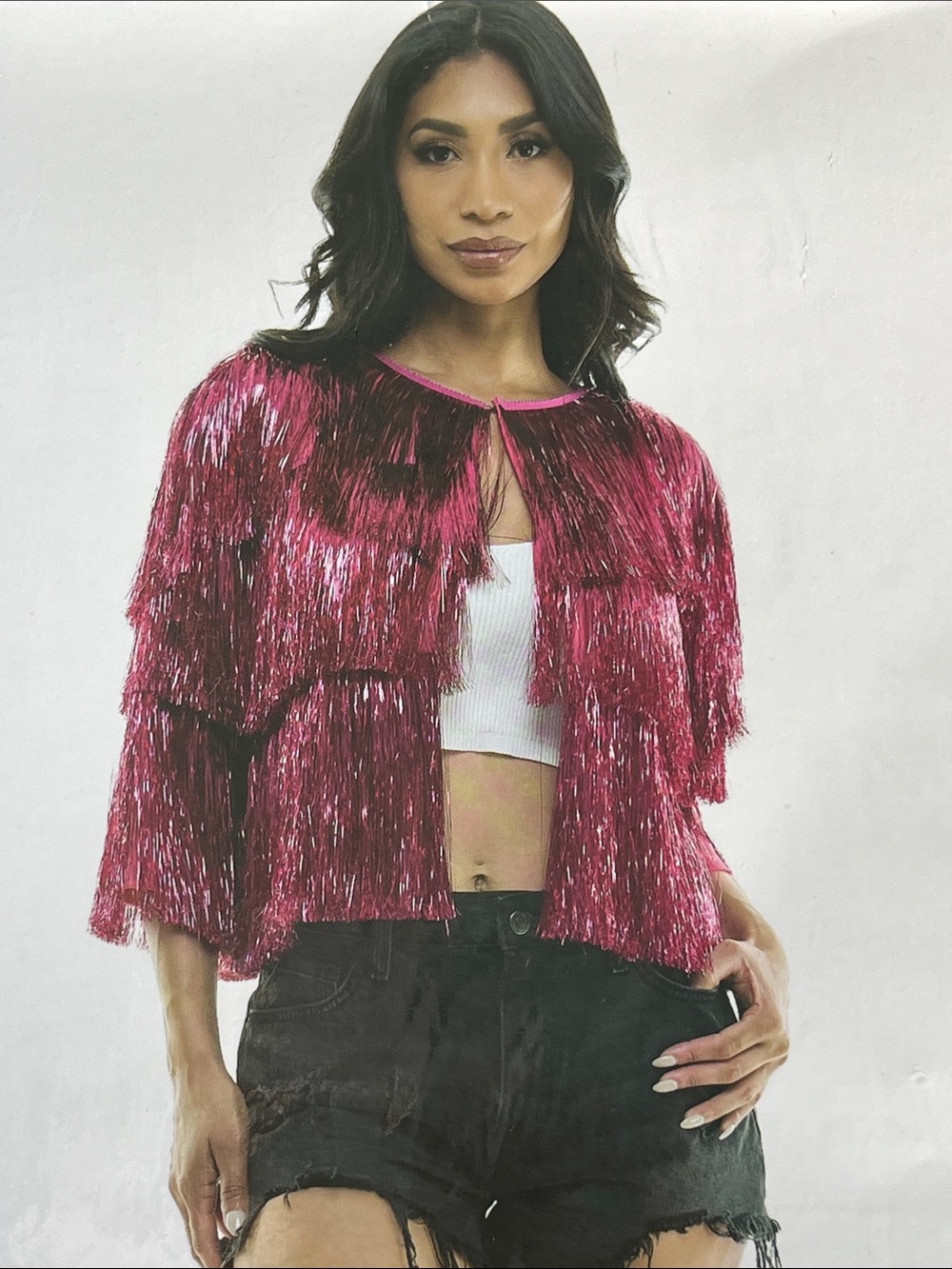 Pink Tinsel Karma Fringe Jacket - Shiny Hot Pink women L/XL